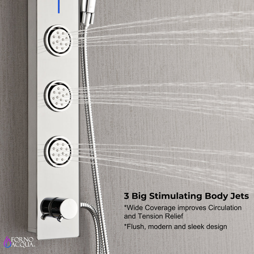 Forno Acqua AcquaSPA Shower Panel with SensoTEMP, Mirrored Stainless Steel Finish, Overhead Rainfall Shower, Handheld Shower Head, Body Jets, 1.8 GPM Flow Rate