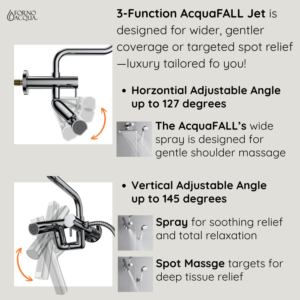 Forno Acqua AcquaFALL Mini Shower Head, Brushed Nickel Finish, Overhead Rainfall Shower, 7 Way Diverter, Handheld Shower Head, Body Jets, 2.5 GPM Flow Rate
