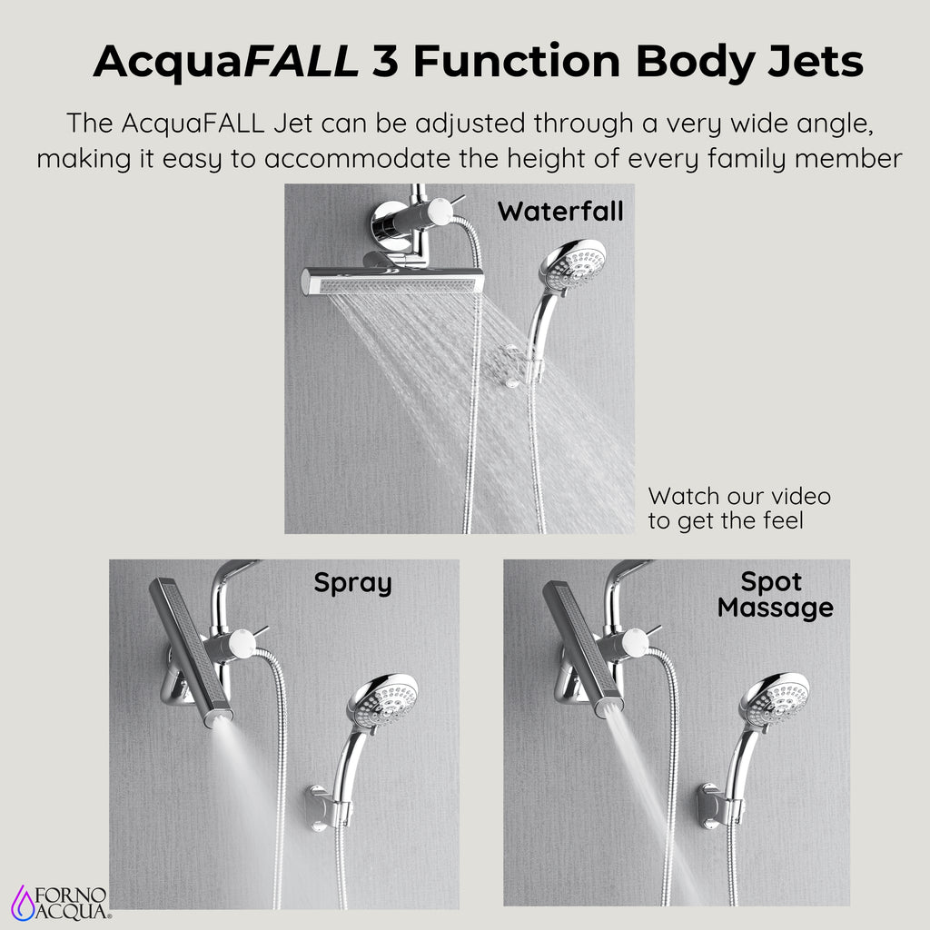Forno Acqua AcquaFALL Mini Shower Head, Polished Stainless Steel Finish, Overhead Rainfall Shower, 7 Way Diverter, Handheld Shower Head, Body Jets, 1.8 GPM Flow Rate