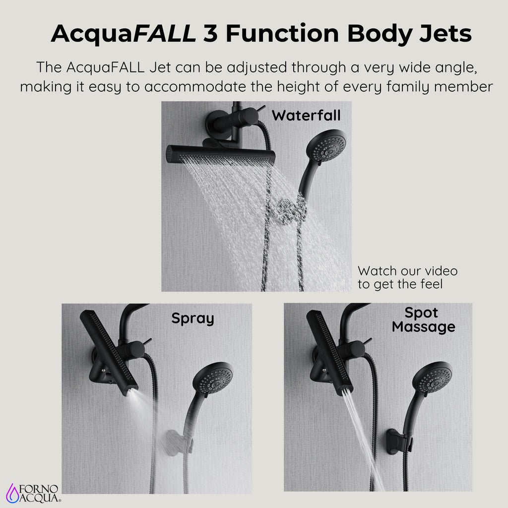 Forno Acqua AcquaFALL Mini 8 Inch Shower Head, Matte Black Finish, Overhead Rainfall Shower, Handheld Shower Head, Body Jets, 2.5 GPM Flow Rate