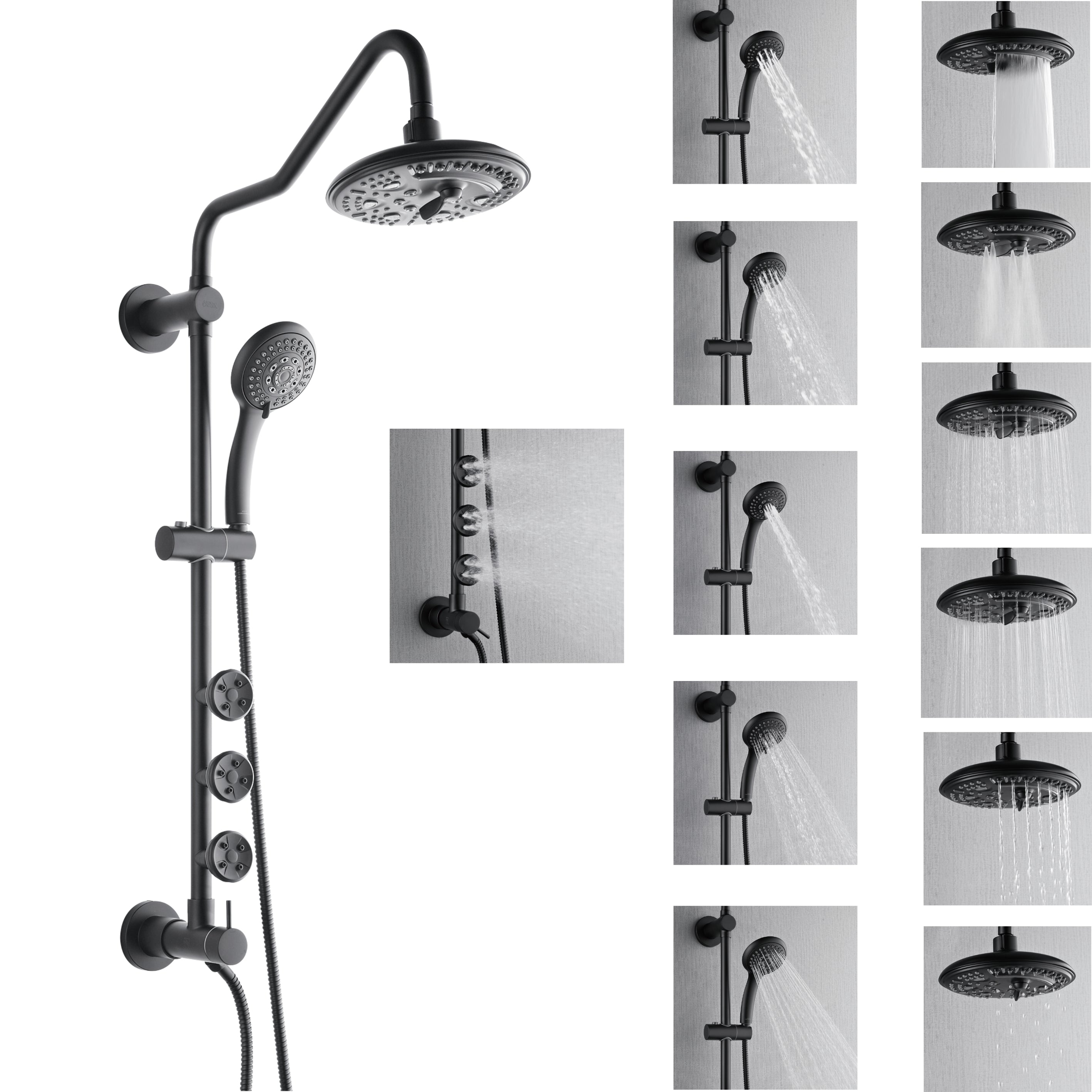 Forno Acqua AcquaSPA Retrofit Shower, Overhead Rainfall, 8 Inch Shower Head, Handheld Shower Head, Body Jets, 6 Way Diverter, Matte Black Finish, 1.8 GPM Flow Rate