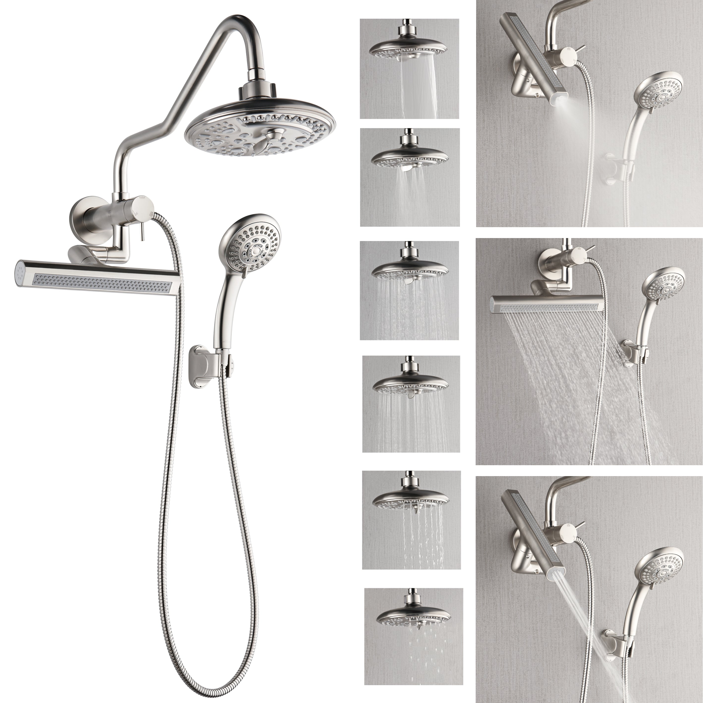 Forno Acqua AcquaFALL Mini 8 Inch Shower Head, Brushed Nickel Finish, Overhead Rainfall Shower, Handheld Shower Head, Body Jets, 1.8 GPM Flow Rate
