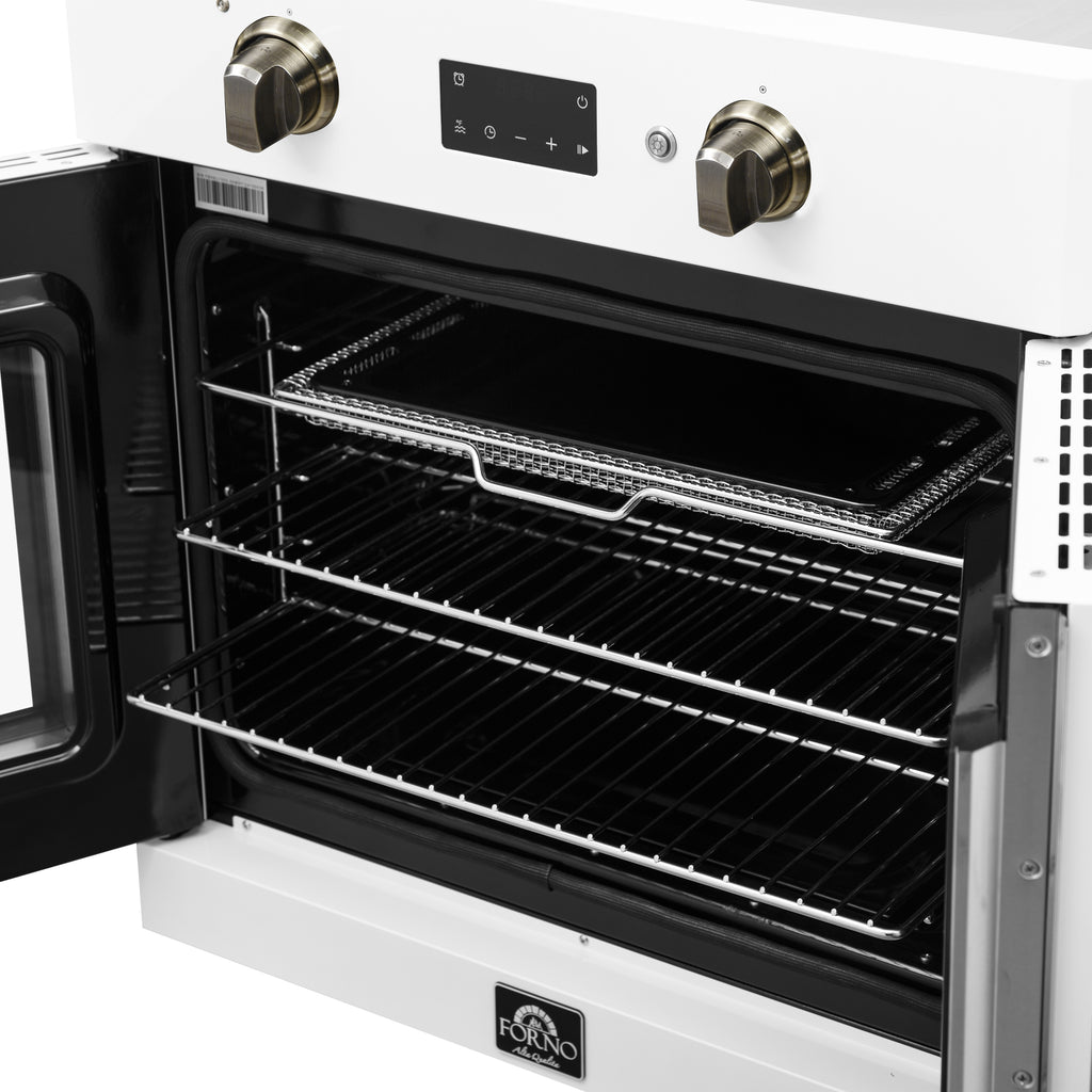 Forno Asti 30-Inch French Door Electric Wall Oven in White & Antique Brass, 3.68 cu. ft. True Convection, 3,600W, Air Fry, Sous Vide, Self-Clean