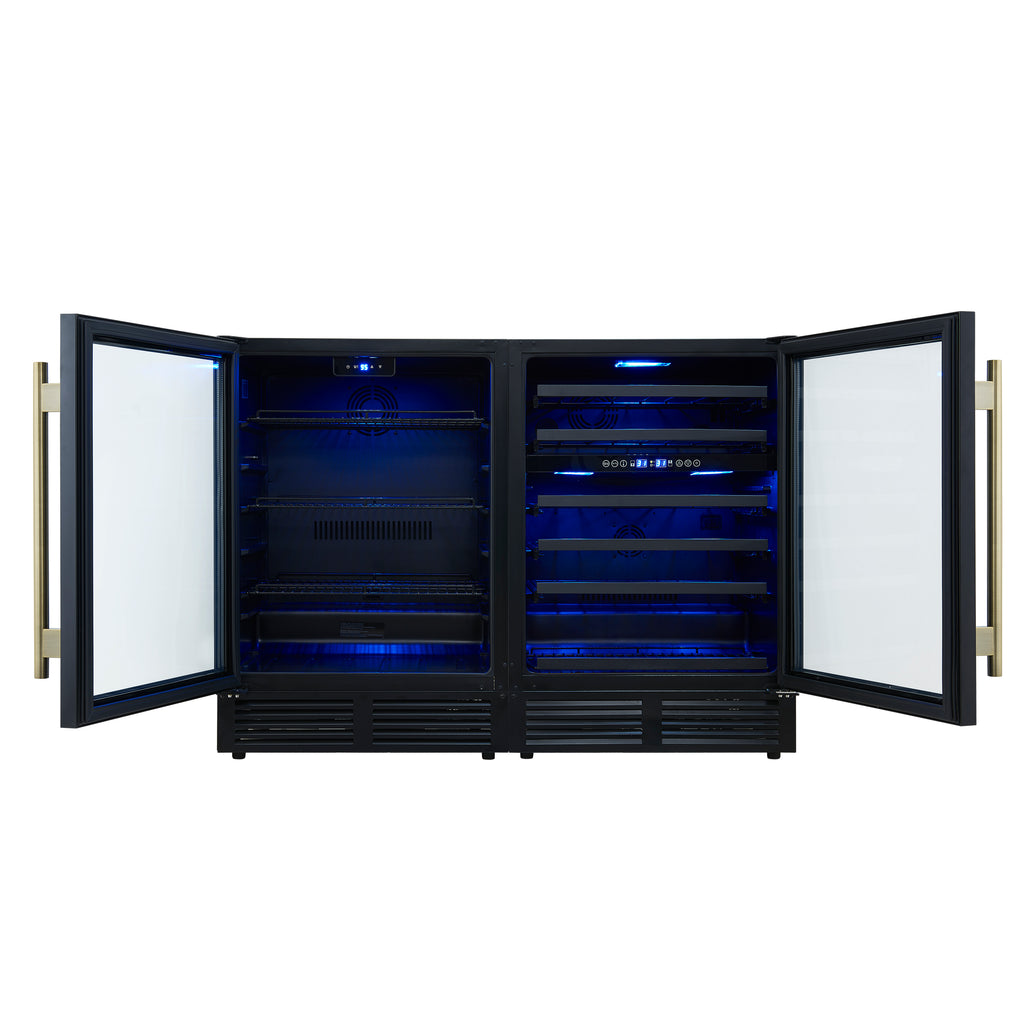 Gemello 48 Inch Side-by-Side Wine and Beverage Cooler in Black with Antique Brass Handles, French Door, 9.6 cu. ft.