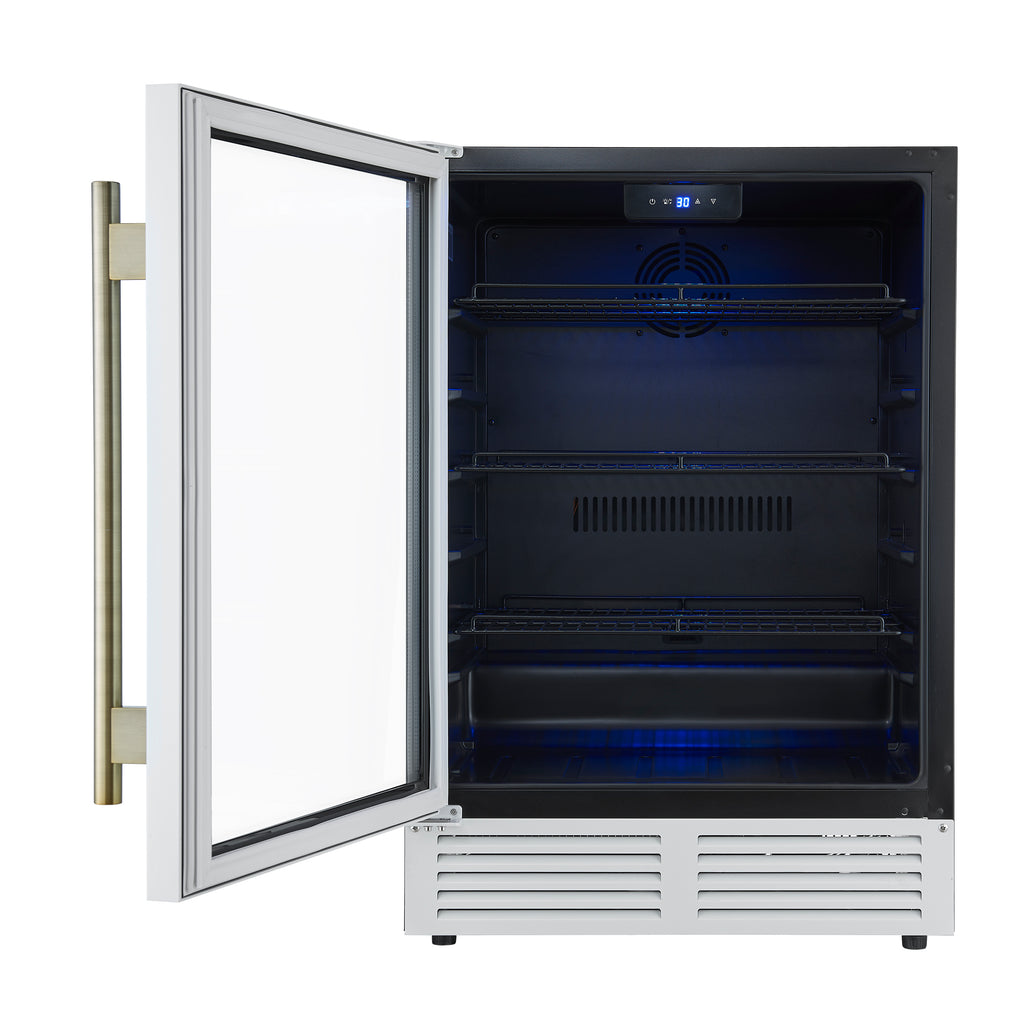 Forno Frescolino 24 Inch Beverage Cooler, White with Antique Brass Handles, with LED Lighting, Triple Glass Door, 188 Can Capacity, Built-In or Freestanding