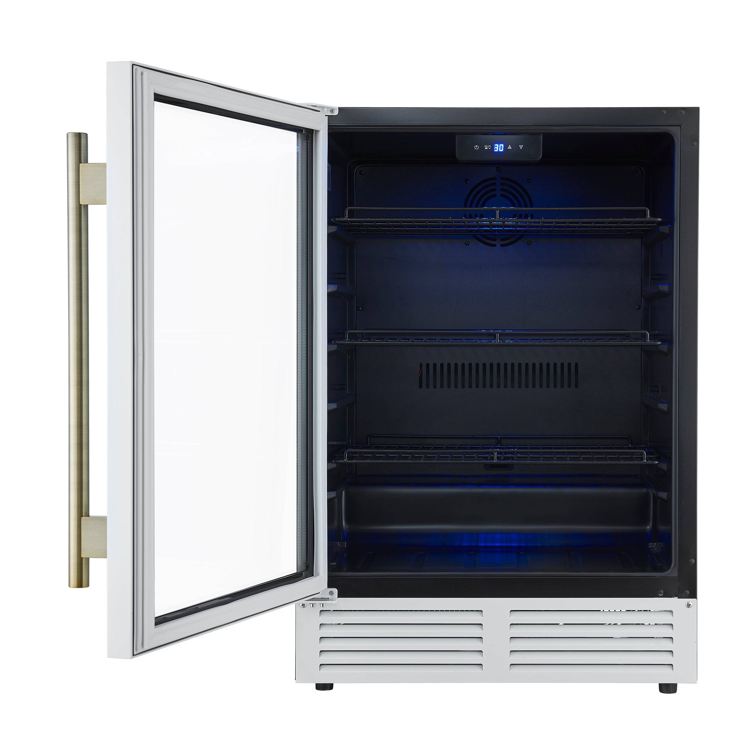 Forno Frescolino 24 Inch Beverage Cooler, White with Antique Brass Handles, with LED Lighting, Triple Glass Door, 188 Can Capacity, Built-In or Freestanding