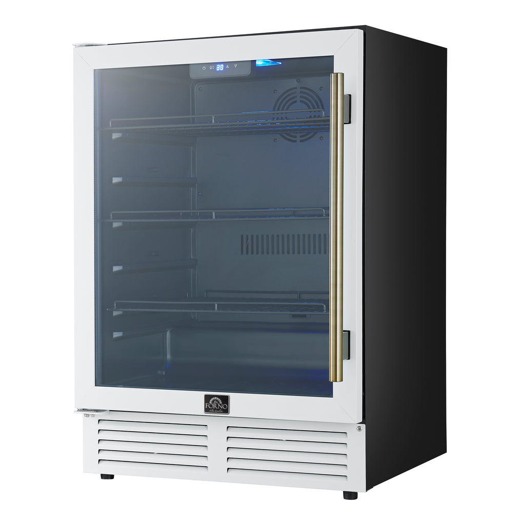 Forno Frescolino 24 Inch Beverage Cooler, White with Antique Brass Handles, with LED Lighting, Triple Glass Door, 188 Can Capacity, Built-In or Freestanding