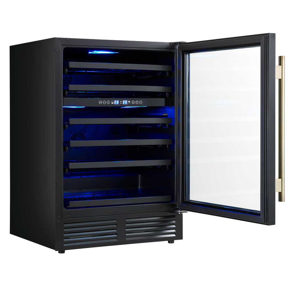 Forno Bacchino 24 Inch Wine Cooler, Black with Antique Brass Handles, with LED Lighting, Triple Glass Door, 51 Bottle Capacity, Built-In or Freestanding