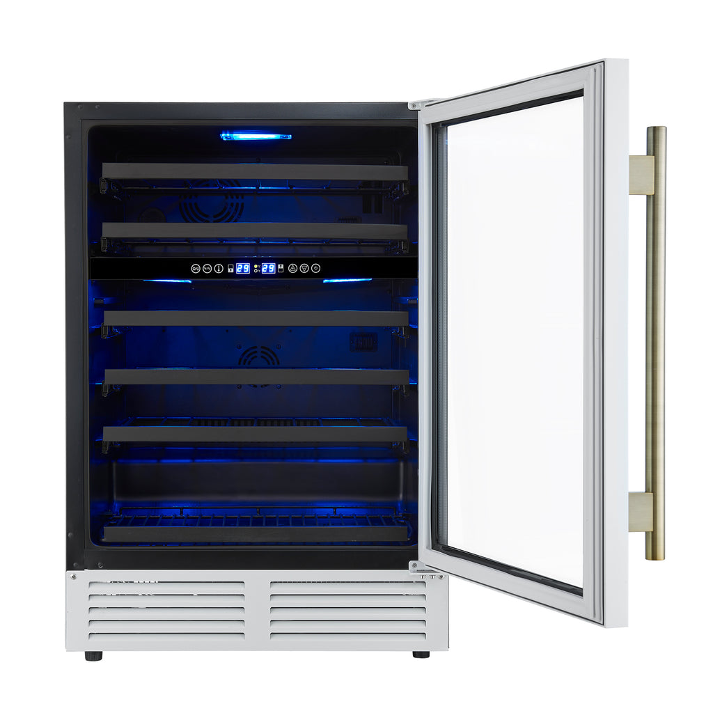Forno Bacchino 24 Inch Wine Cooler, White with Antique Brass Handles, with LED Lighting, Triple Glass Door, 51 Bottle Capacity, Built-In or Freestanding