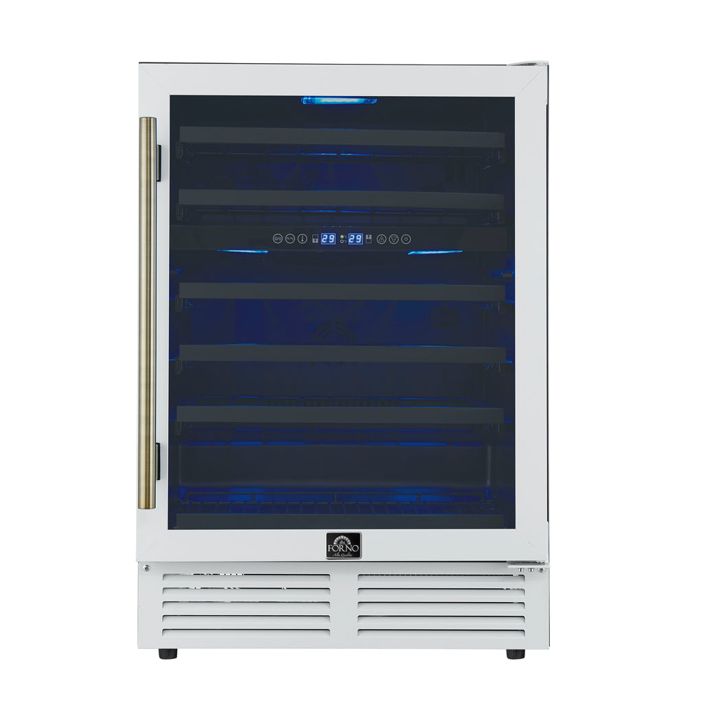 Forno Bacchino 24 Inch Wine Cooler, White with Antique Brass Handles, with LED Lighting, Triple Glass Door, 51 Bottle Capacity, Built-In or Freestanding