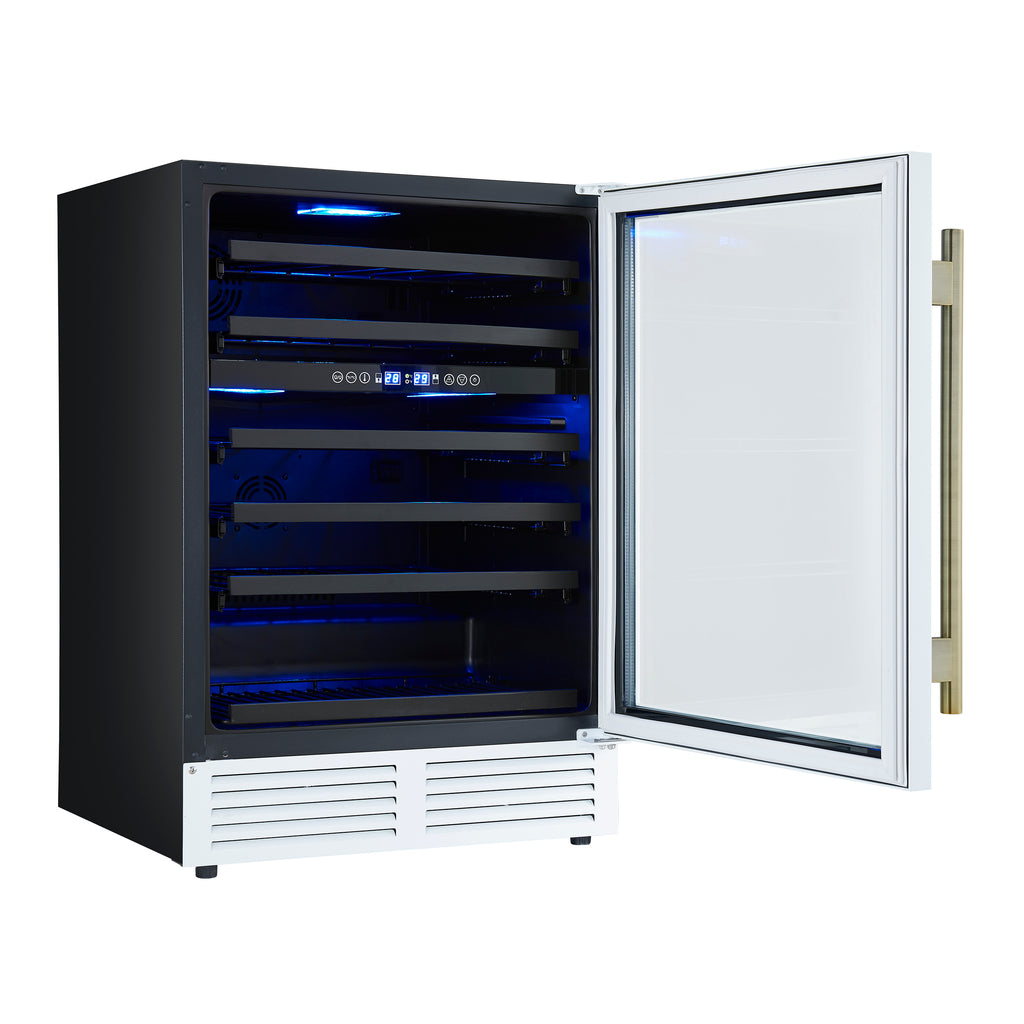 Forno Bacchino 24 Inch Wine Cooler, White with Antique Brass Handles, with LED Lighting, Triple Glass Door, 51 Bottle Capacity, Built-In or Freestanding