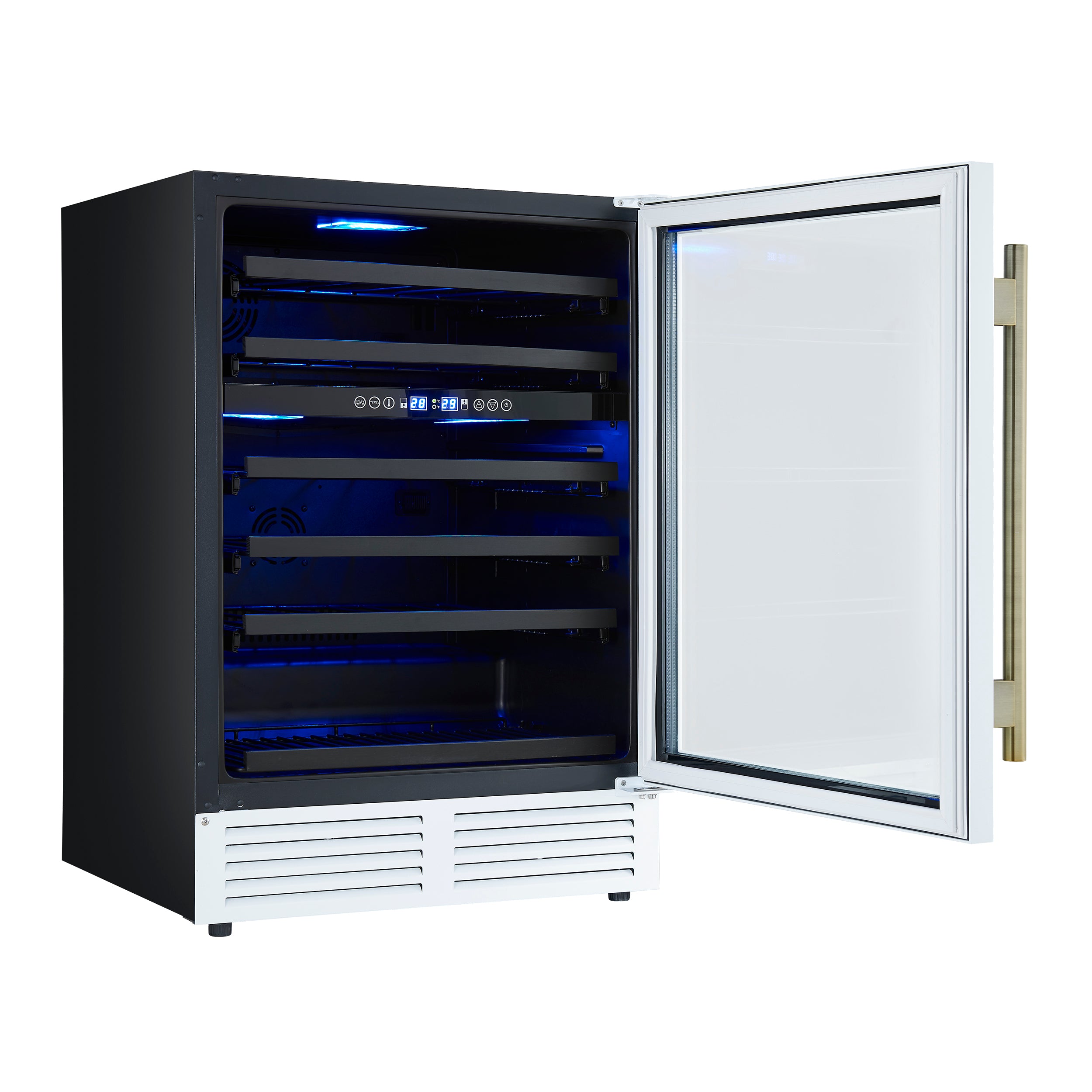 Forno Bacchino 24 Inch Wine Cooler, White with Antique Brass Handles, with LED Lighting, Triple Glass Door, 51 Bottle Capacity, Built-In or Freestanding